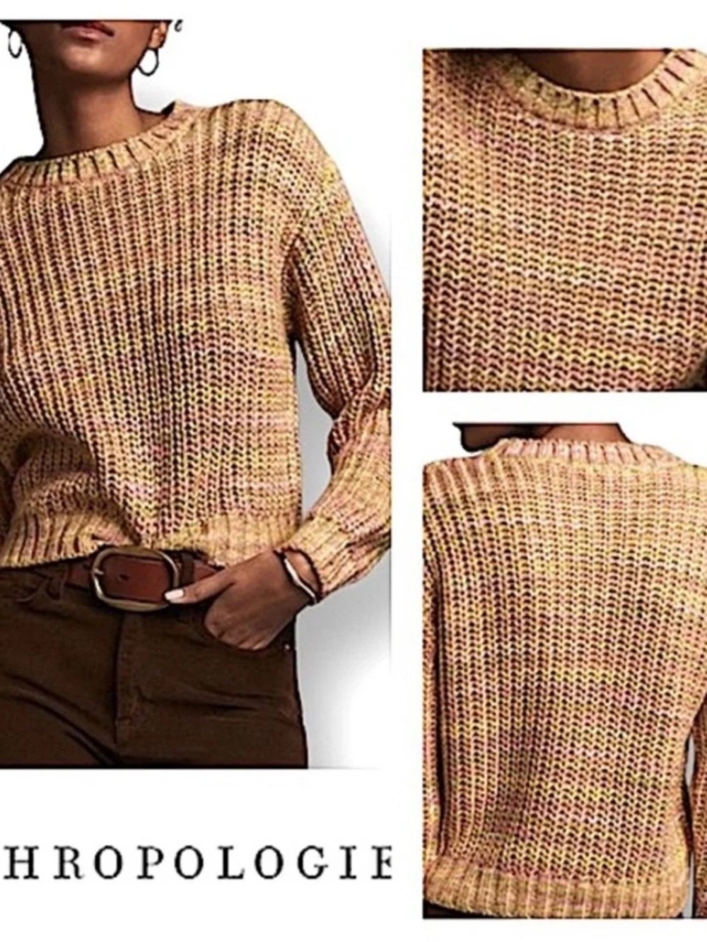 Anthropologie Multicolor Marled Crewneck Sweater Orange Pink